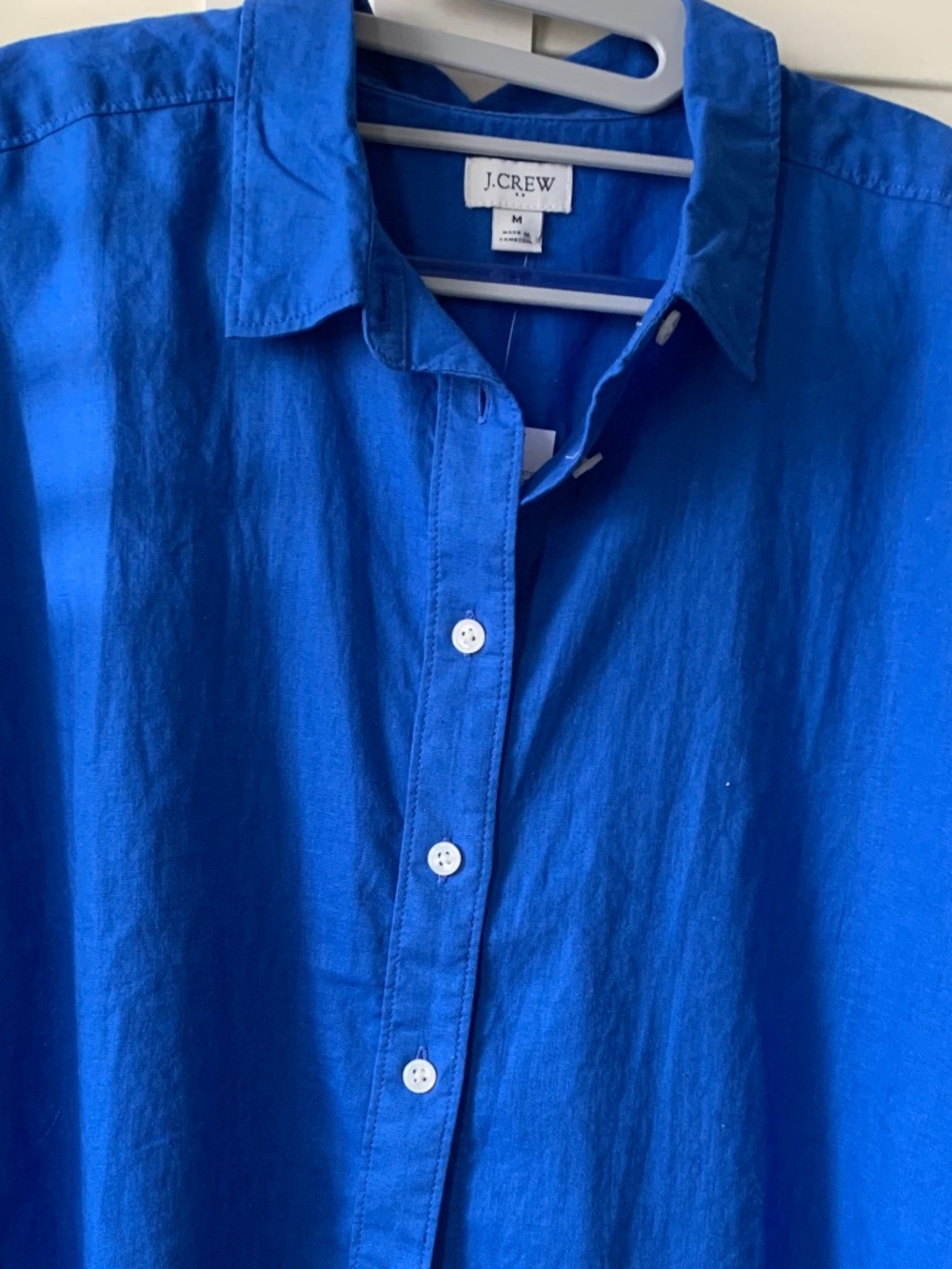 NWT- J.Crew Short-Sleeve Linen Blend Blue Button Down Top, Sz M